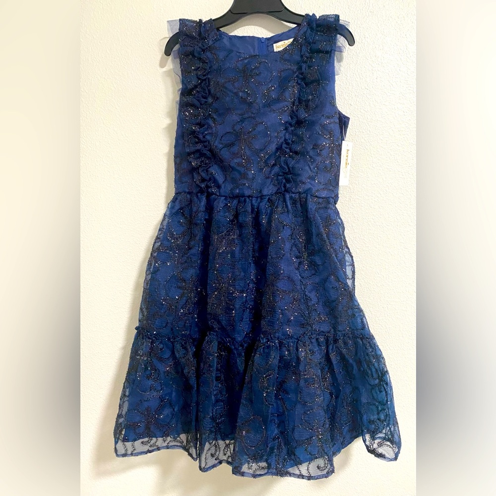 Kensie Girl Navy Blue & Black Shimmery Organza A-line Formal Dress sz 14 NWT